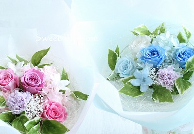 プリザーブドフラワーのご両親贈呈用の花束　ピンク＆ブルー